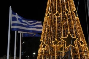 Festive Christmas lights in a Greek village in December