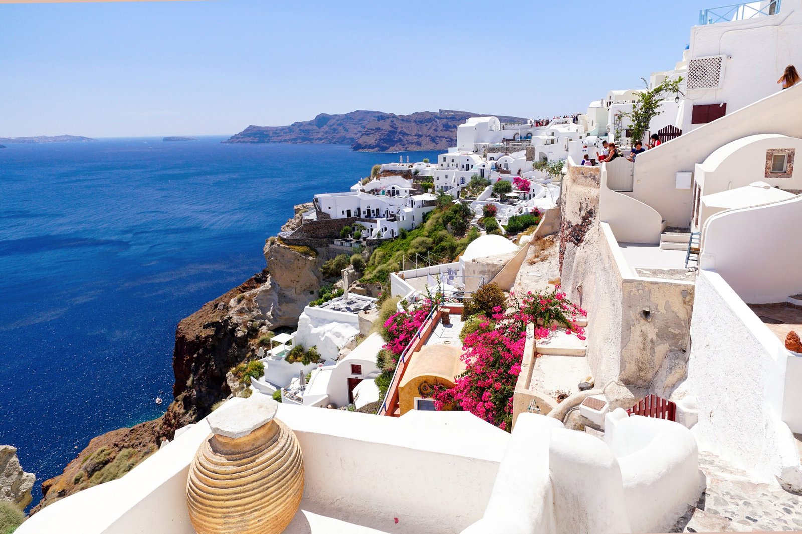 Santorini island with spring flowers blooming in March
