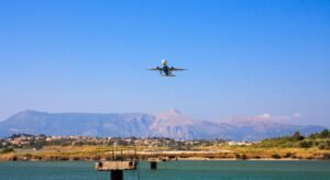 Small island airport with plane landing in Greece